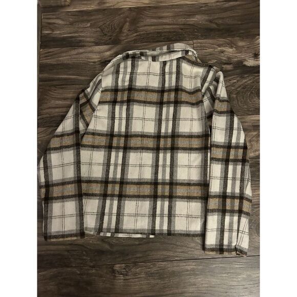 Melloday Cream Brown Tan Plaid Open Front Shacket Flannel Jacket Sz L 114 - Picture 2 of 3